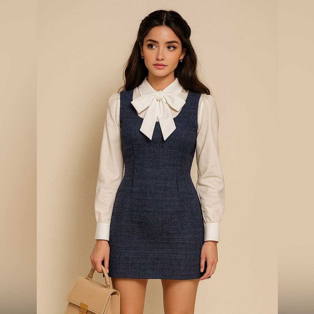 Tweed mini dress in Navy Blue, Preppy style, Gossip Girl vibe. Size XS